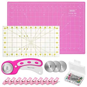 rotary cutter kit, 45mm rotary cutter tool kit with rotary cutter, 12×18 inch a3 cutting mat, patchwork ruler, 10 fabric clips, 50 pins and 3 spare blades