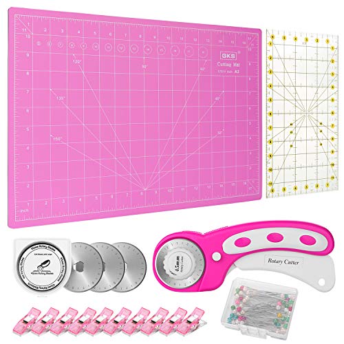 Rotary Cutter Kit, 45mm Rotary Cutter Tool Kit with Rotary Cutter, 12x18 Inch A3 Cutting Mat, Patchwork Ruler, 10 Fabric Clips, 50 pins and 3 Spare Blades