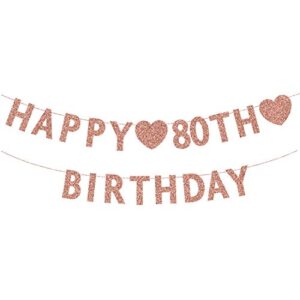 rose gold 80th birthday banner, glitter happy 80 years old woman or man party decorations, supplies