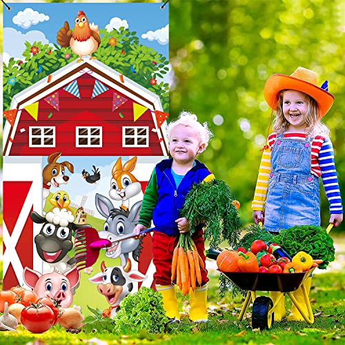 GYA 3x6ft Cartoon Red Barn Door Cover Banner Autumn Farm Animal Straw Backgrounds Indoor Outdoor Decorations Family Kids Baby Party Photo Booth Banner