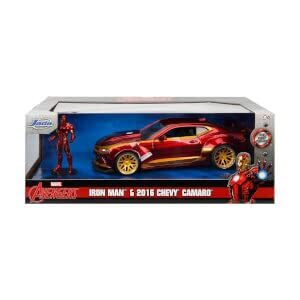 jada toys marvel iron man & 2016 chevy camaro die-cast car, 1:24 scale vehicle &2.75 collectible metal figurine red
