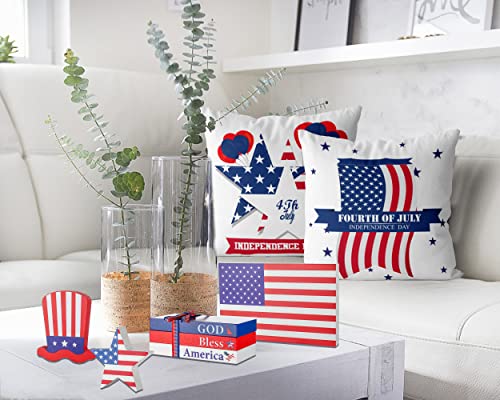 5Pcs 4th of July Tiered Tray Decor Patriotic Wood Signs American Flag Stars and Stripe Wood Blocks Red White Blue Wooden Bead Garland for 4th of July Memorial Day Home Table Decor