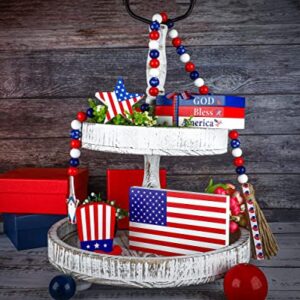 5Pcs 4th of July Tiered Tray Decor Patriotic Wood Signs American Flag Stars and Stripe Wood Blocks Red White Blue Wooden Bead Garland for 4th of July Memorial Day Home Table Decor