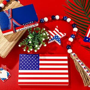 5Pcs 4th of July Tiered Tray Decor Patriotic Wood Signs American Flag Stars and Stripe Wood Blocks Red White Blue Wooden Bead Garland for 4th of July Memorial Day Home Table Decor