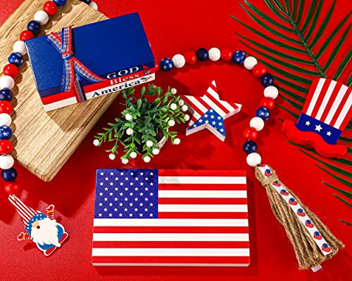 5Pcs 4th of July Tiered Tray Decor Patriotic Wood Signs American Flag Stars and Stripe Wood Blocks Red White Blue Wooden Bead Garland for 4th of July Memorial Day Home Table Decor