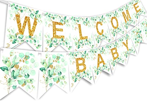 Eucalyptus Gold Welcome Baby Banner - Eucalyptus Baby Shower Supplies - Eucalyptus Baby Shower Decorations - Gender Neutral Baby Shower Decorations - Baby Banner