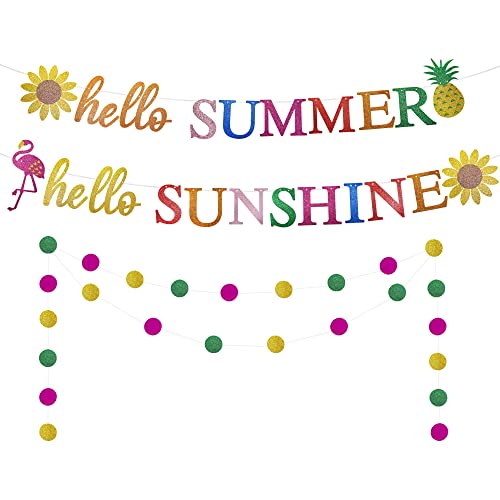 Hello Summer Banner, Glittery Hello Sunshine Classroom Decor Sign, Hello Summer Decorations for Home Office, Hello Summer Birthday Party Decorations, Sunflower Flamingo Pineapple Hawaiian Party Decor