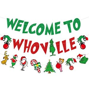 welcome to whoville banner grinch christmas decorations grinch garland decorations grinch christmas vacation holiday birthday party decorations christmas grinch home decorations(3 packs,pre-assembled)
