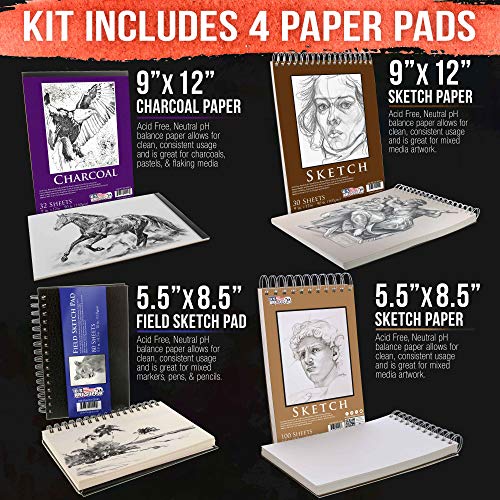 U.S. Art Supply 54-Piece Drawing & Sketching Art Set with 4 Sketch Pads (242 Paper Sheets) - Ultimate Artist Kit, Graphite and Charcoal Pencils & Sticks, Pastels, Erasers - Pop-Up Carry Case, Students