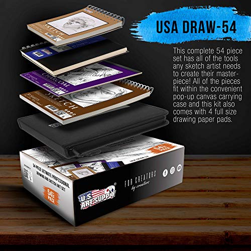 U.S. Art Supply 54-Piece Drawing & Sketching Art Set with 4 Sketch Pads (242 Paper Sheets) - Ultimate Artist Kit, Graphite and Charcoal Pencils & Sticks, Pastels, Erasers - Pop-Up Carry Case, Students