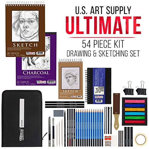 U.S. Art Supply 54-Piece Drawing & Sketching Art Set with 4 Sketch Pads (242 Paper Sheets) - Ultimate Artist Kit, Graphite and Charcoal Pencils & Sticks, Pastels, Erasers - Pop-Up Carry Case, Students