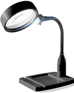 imagniphy 8x desk magnifying light – white or black – magnifying lamp for reading, crafts – desk magnifying glass with light and stand, 6 leds, base