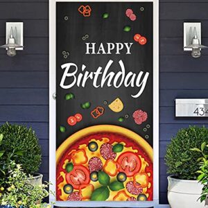 happy birthday pizza by the slice banner backdrop flag photo booth props favors supplies cooking delicious food theme decor for 1st birthday pizza party baby shower decorations