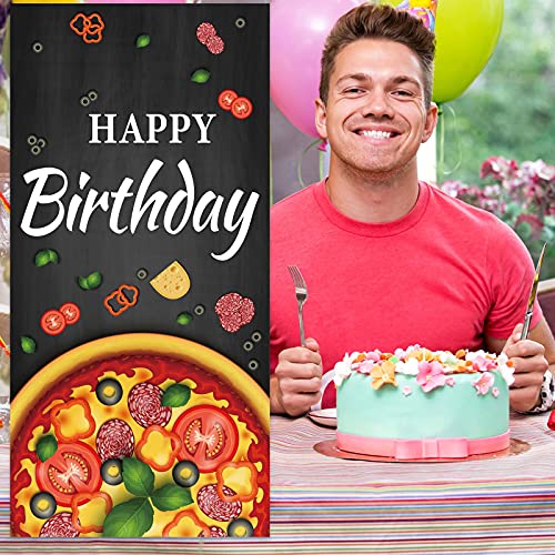 Happy Birthday Pizza by The Slice Banner Backdrop Flag Photo Booth Props Favors Supplies Cooking Delicious Food Theme Decor for 1st Birthday Pizza Party Baby Shower Decorations