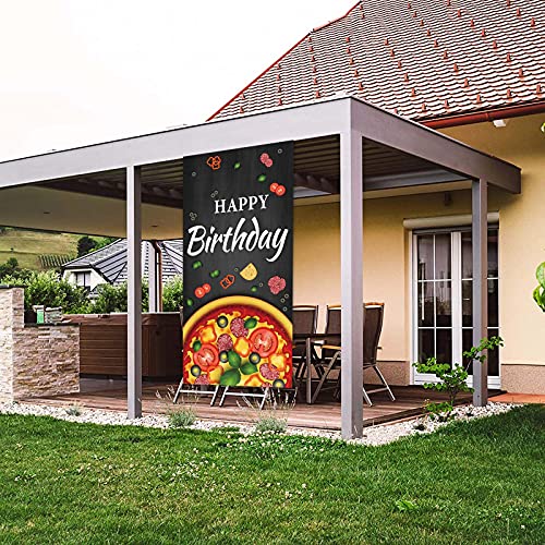 Happy Birthday Pizza by The Slice Banner Backdrop Flag Photo Booth Props Favors Supplies Cooking Delicious Food Theme Decor for 1st Birthday Pizza Party Baby Shower Decorations