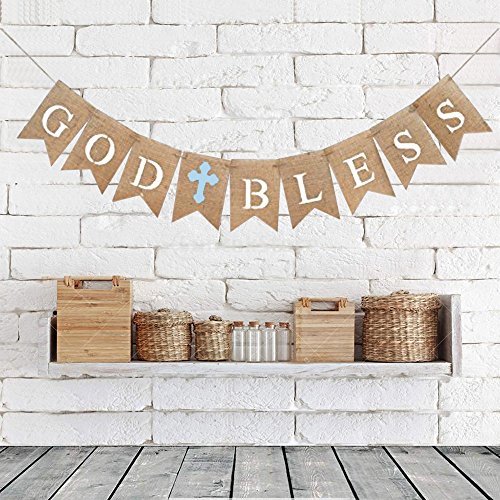 iMagitek God Bless Baptism Burlap Banners for Boy First Holy Communion, Blue Burlap Banners Garland Bunting Flags for Wedding Baby Shower Birthday Christening Baptism Party Decorations