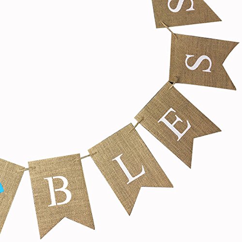 iMagitek God Bless Baptism Burlap Banners for Boy First Holy Communion, Blue Burlap Banners Garland Bunting Flags for Wedding Baby Shower Birthday Christening Baptism Party Decorations