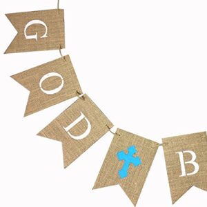 iMagitek God Bless Baptism Burlap Banners for Boy First Holy Communion, Blue Burlap Banners Garland Bunting Flags for Wedding Baby Shower Birthday Christening Baptism Party Decorations