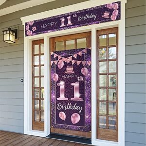 pakboom happy 11th birthday door cover porch banner sign set – 11 years old birthday decoraions party supplies for girls – purple pink
