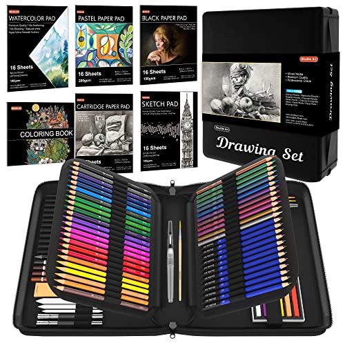 124 PCS Drawing Kit, Shuttle Art Professional Drawing Supplies with Sketch, Charcoal, Colored, Graphite, Pastel Pencils & Sticks, Complete Drawing Tools and Paper Pads in Zipper Case for Artists& Kids