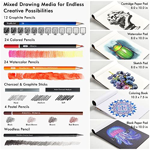 124 PCS Drawing Kit, Shuttle Art Professional Drawing Supplies with Sketch, Charcoal, Colored, Graphite, Pastel Pencils & Sticks, Complete Drawing Tools and Paper Pads in Zipper Case for Artists& Kids