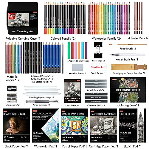 124 PCS Drawing Kit, Shuttle Art Professional Drawing Supplies with Sketch, Charcoal, Colored, Graphite, Pastel Pencils & Sticks, Complete Drawing Tools and Paper Pads in Zipper Case for Artists& Kids