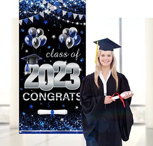 Congrats Grad Banner Decoration- Class of 2023 Large Blue Door Cover Banner Decoration for Graduation Party Supplies (Blue)