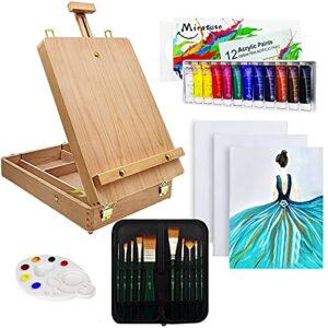 Deluxe Art Supplies 27 Pieces Art Set with Tabletop Easel, 12 Colors Acrylic Paint, 10 Paint Brushes, 3 Canvas Panels, Palettes