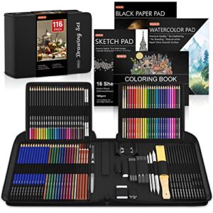 116 pcs drawing kit, shuttle art complete drawing supplies with sketch pencils, colored pencils, graphite, charcoal sticks, professional drawing tools and paper pads for artists, beginners and kids
