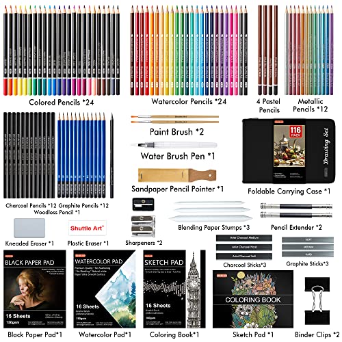 116 PCS Drawing Kit, Shuttle Art Complete Drawing Supplies with Sketch Pencils, Colored Pencils, Graphite, Charcoal Sticks, Professional Drawing Tools and Paper Pads for Artists, Beginners and Kids