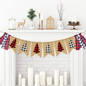 Doumeny Christmas Plaid Burlap Banner Buffalo Check Christmas Tree Banner Vintage Christmas Bunting Banner Christmas Gingham Tassel Garland for Mantle Fireplace Wall Door Xmas Party Supplies Decor