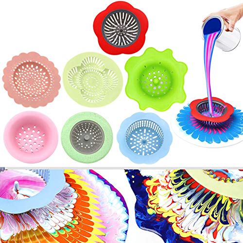 Acrylic Pouring Strainers, Angela&Alex 7 PCS Flow Painting Tools Art Supplies Kits Drawing Flow Fluid Sets Strainers Plastic Silicone Drain Basket Unique Pattern