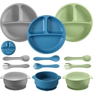 9 pcs silicone baby toddler suction plates baby bowls with suction toddler bowls set kids utensils divided plate baby boy girl feeding set with spoon fork dishwasher and microwave safe (matte colors)