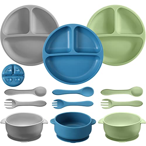 9 Pcs Silicone Baby Toddler Suction Plates Baby Bowls with Suction Toddler Bowls Set Kids Utensils Divided Plate Baby Boy Girl Feeding Set with Spoon Fork Dishwasher and Microwave Safe (Matte Colors)