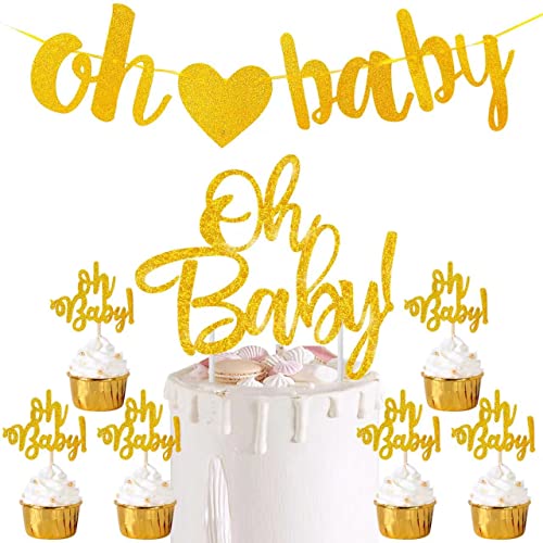 Oh Baby Party decoration Gold Glitter Oh Baby Banner Cupcake Toppers for baby 1st 2nd Birthday Baby Shower Party Supplies