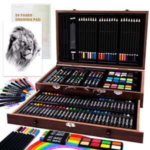 art supplies, tanmit 141-piece deluxe art set painting drawing kit with artist sketch pad, oil pastels, colored pencils, crayons, watercolor cakes, wooden art box for adults beginners
