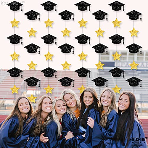 Glitter Graduation Cap Garland, 10 Feet - 8 String, No DIY | Black and Gold Graduation Party Decorations 2023 | Black Graduation Cap Decorations for Class of 2023 Decorations | 2023 Graduation Garland