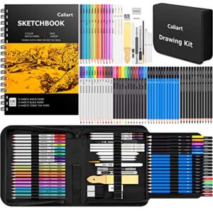caliart art supplies, drawing supplies, premium art set sketching kit with 100 sheets 3-color sketch book, graphite, colored, charcoal, watercolor & metallic pencils for artists adults teens beginners