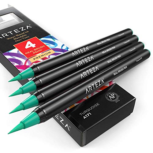 ARTEZA Real Brush Pens, A171 Turquoise, Pack of 4, Watercolor Pens with Nylon Brush Tips, Art Supplies for Dry-Brush Painting, Sketching, Coloring & Calligraphy