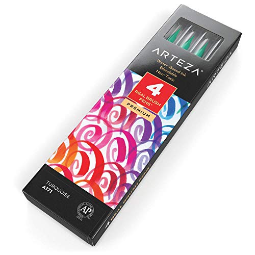 ARTEZA Real Brush Pens, A171 Turquoise, Pack of 4, Watercolor Pens with Nylon Brush Tips, Art Supplies for Dry-Brush Painting, Sketching, Coloring & Calligraphy