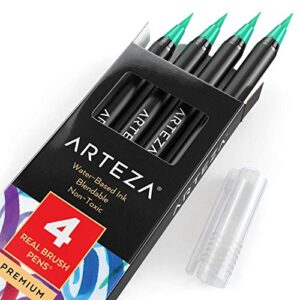 ARTEZA Real Brush Pens, A171 Turquoise, Pack of 4, Watercolor Pens with Nylon Brush Tips, Art Supplies for Dry-Brush Painting, Sketching, Coloring & Calligraphy