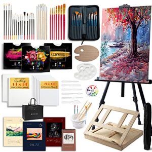large deluxe artist painting set, 139-piece professional art paint supplies kit w/aluminum field & wood table easel for adults, acrylic, oil & watercolor paints, brushes, canvases, sketch pads & more
