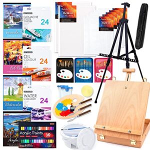 170 pcs artist painting set, shuttle art deluxe art set with paint, aluminum and wooden easels, canvas, paper pads, brushes and other art supplies, complete painting kit for adults, kids and artists