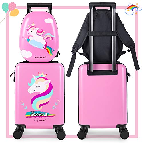 iPlay, iLearn Unicorn Kids Luggage, Girls Carry on Suitcase W/ 4 Spinner Wheels, Pink Travel Luggage Set W/ Backpack, Trolley Luggage for Children Toddlers