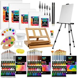 keff large super deluxe artists painting set – professional art paint kit supplies for adults and kids with acrylic, watercolor & oil paints, field & table easel, canvases, brushes and more