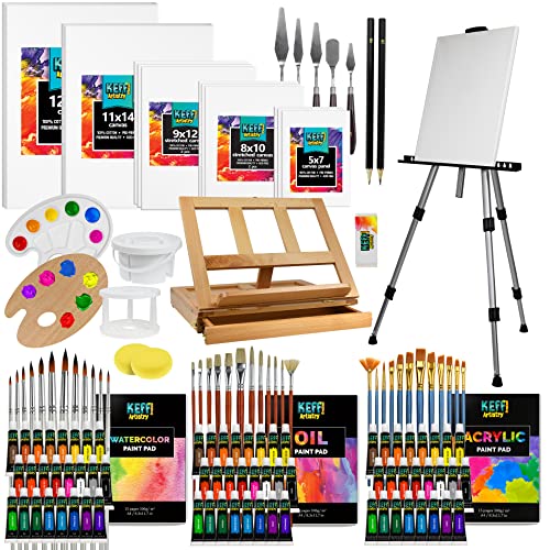 KEFF Large Super Deluxe Artists Painting Set - Professional Art Paint Kit Supplies for Adults and Kids with Acrylic, Watercolor & Oil Paints, Field & Table Easel, Canvases, Brushes and More