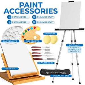 KEFF Large Super Deluxe Artists Painting Set - Professional Art Paint Kit Supplies for Adults and Kids with Acrylic, Watercolor & Oil Paints, Field & Table Easel, Canvases, Brushes and More