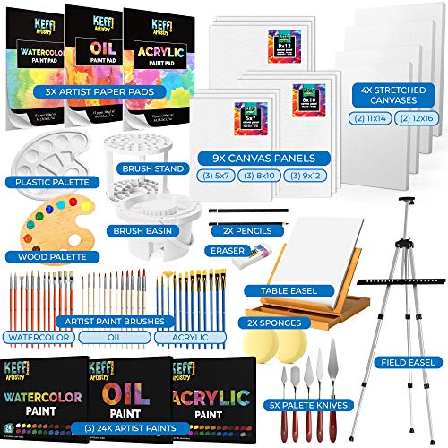 KEFF Large Super Deluxe Artists Painting Set - Professional Art Paint Kit Supplies for Adults and Kids with Acrylic, Watercolor & Oil Paints, Field & Table Easel, Canvases, Brushes and More
