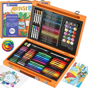 meeden kids drawing set,gift for boys & girls,wood case artist painting set with silky crayons,oil pastels,waterbased pencils,dry erase markers, art suplies coloring set with paint pad white board