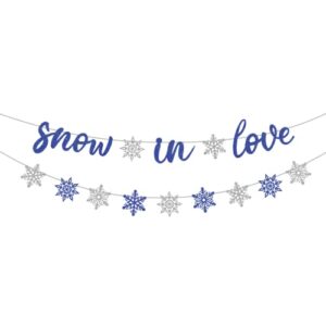 snow in love banner, glitter silver winter bridal shower banner, winter wedding party decor, winter engagement party decorations (blue)